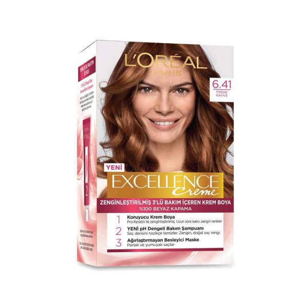 کیت رنگ مو بدون آمونیاک لورآل سری Excellence Creme شماره 6.41 رنگ قهوه ای فندقی